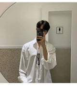New Korean Business Men Shirts Light Luxury Slim-fit Solid Color Long Sleeve Cardigans Leisure Breathable Solid Color Basic Tops