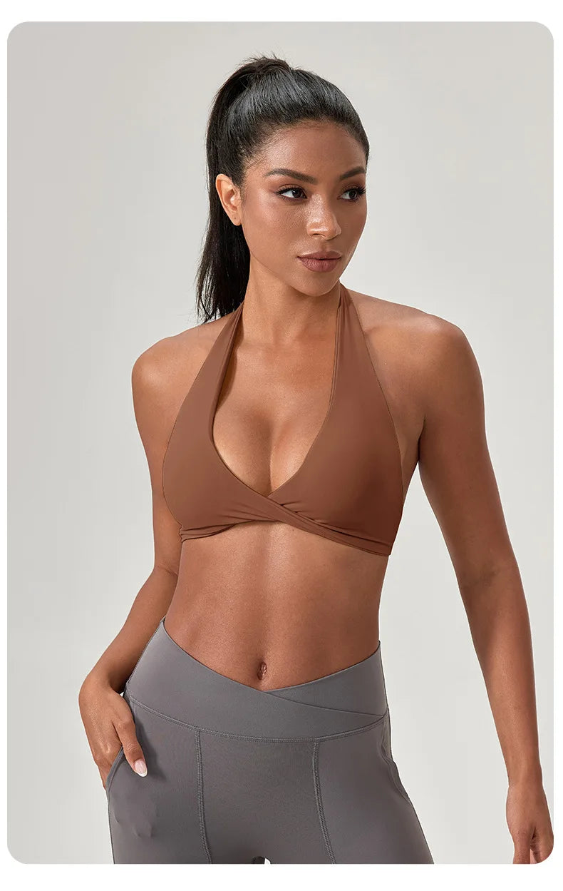 YOGA Naked Feeling Strappy Padded Sports Bras for Women - Fitness Workout Top Criss Cross Back Yoga sports Bras No steel ring