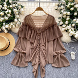 SINGREINY Chic Ruffles Splice Chiffon Blouse V Neck Flared Sleeve Loose Tops 2025 Fashion Solid Fairycore Vacation Women Shirt