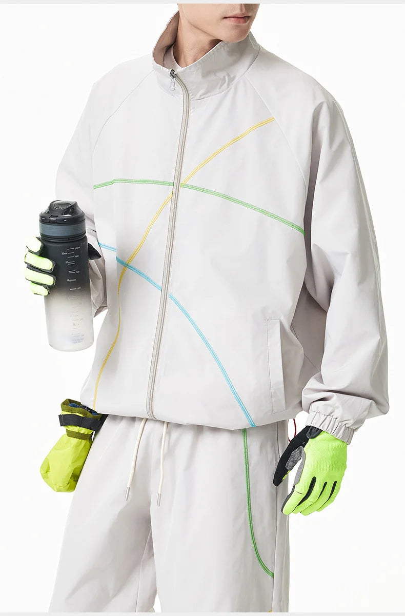 Unisex 2‑Pieces Tracksuit Set Color Contrast Stitching Stand Collar Zip‑Up Jacket Wide Leg Pants Windproof Outdoor Hiking Set
