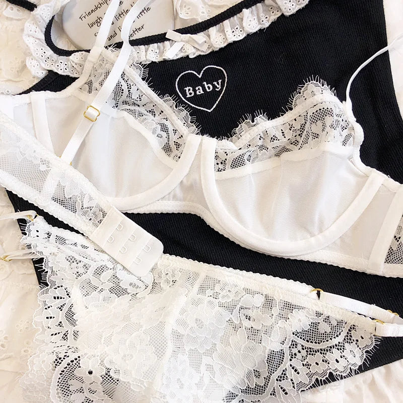 Sexy Underwear Set for Women Ultra-thin Bra Set French Lace Breathable Bralette Female Silk Comfort Bras and Thong Lingerie