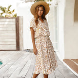 Vintage Floral Print Dress Women Boho Short Sleeve Long Dress Turn Down Collar Casual Waistband Shirt Dresses Robe 2021 Summer