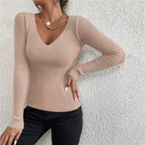 2026 Autumn Winter Women Solid Rib Knit V Neck Stripe Pull Sweater Femme Y2k Long Sleeve Pullover Jersey Tops Fashion Clothes