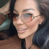 Rimless Oval Sunglasses Women UV400 Oversized Gradient Black Lenses Metal Frame Punk Decorative Glasses Men Goggles Female