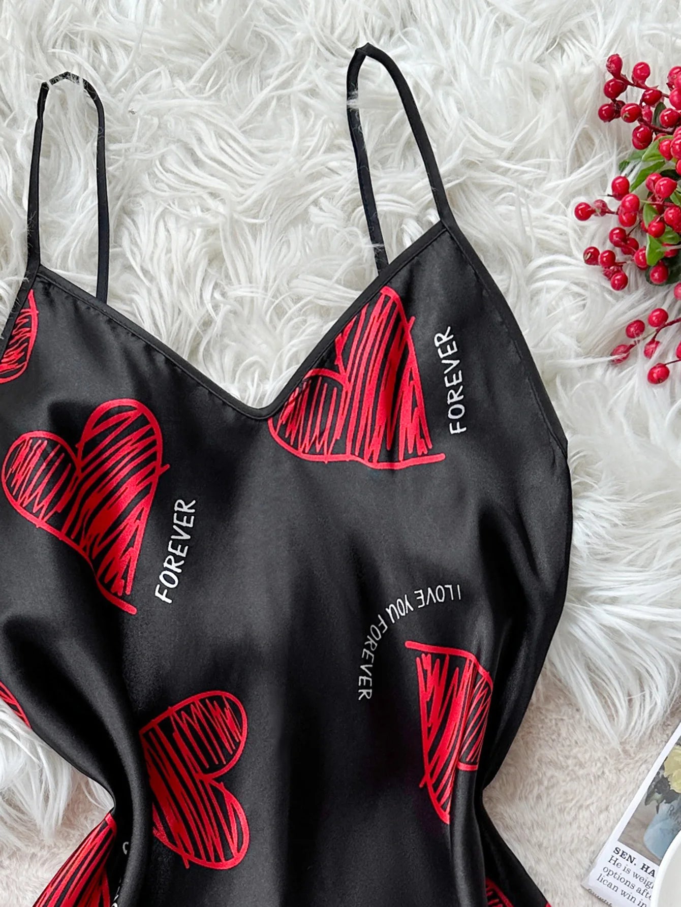 Valentine's Day Red Lip Print Satin Slip Nightdress V Neck Backless Mini Sleep Dress  Women's Sleepwear Dresses