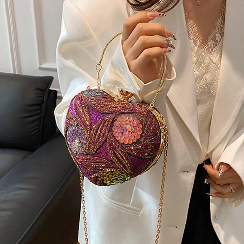 Wrist Bag Glitter Sequin Evening Banquet Bag Embroidery Elegant Heart Shape Handbag Sweet Large Capacity Ladies Clutch Bag Party
