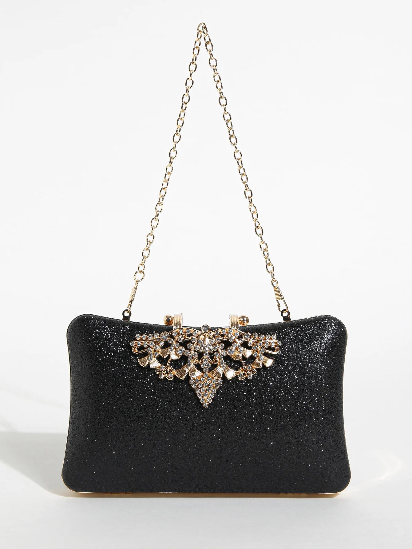 1PC Gold Glitter Clutch Box with Rhinestone Decor Cut-out Flower Flap Lock Closure Elegant Textured Frame Purse for Dinner