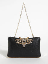 1PC Gold Glitter Clutch Box with Rhinestone Decor Cut-out Flower Flap Lock Closure Elegant Textured Frame Purse for Dinner