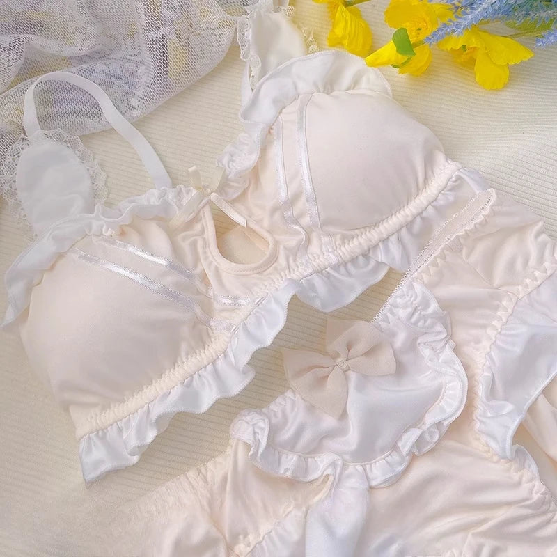 MOYISU Kawaii Lolita Bra Set, Bunny Ear Cutout No Wire Bralette Soft Sweetheart Lingerie Small Bust Pure Sexy Japanese Ya Ma Die