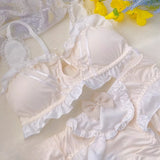 MOYISU Kawaii Lolita Bra Set, Bunny Ear Cutout No Wire Bralette Soft Sweetheart Lingerie Small Bust Pure Sexy Japanese Ya Ma Die