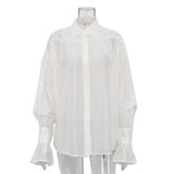 Bornladies Autumn Women's Fashionable Loose Collared Shirt Office Lady Solid Color Versatile Flare Sleeve Top Long Sleeved Shirt
